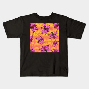 Bauhinia Flower with Orange & Pink Chinoiserie Pattern - Summer Flower Pattern Kids T-Shirt